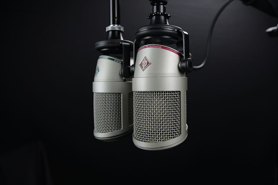 Two Gray Condenser Microphones, aluminum, audio, battery, broadcast