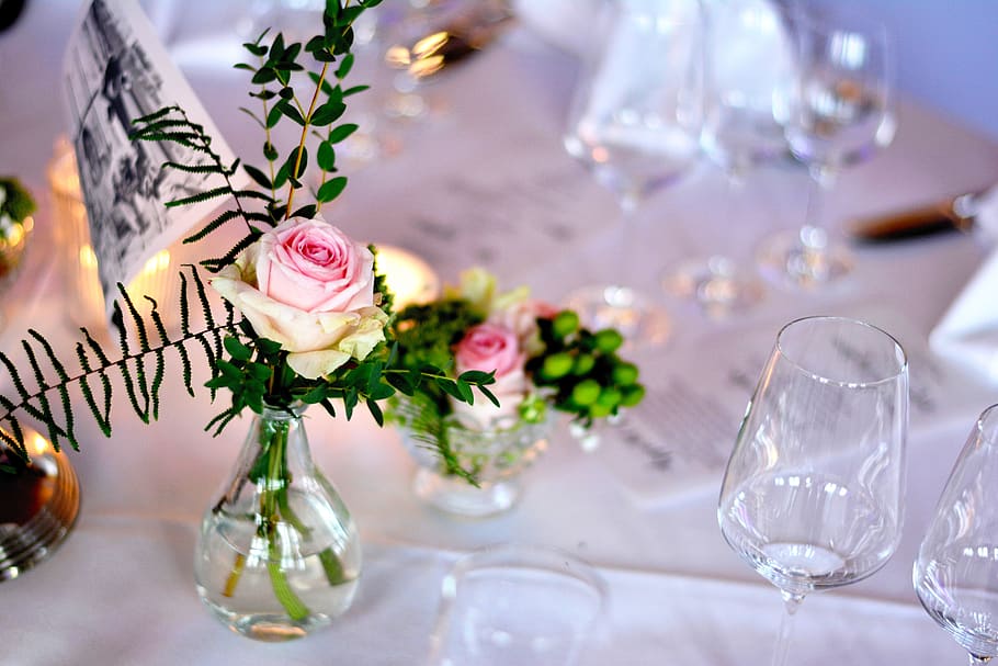 rose, decoration, pink, festive, festival, wedding, table, gedeckter table, HD wallpaper