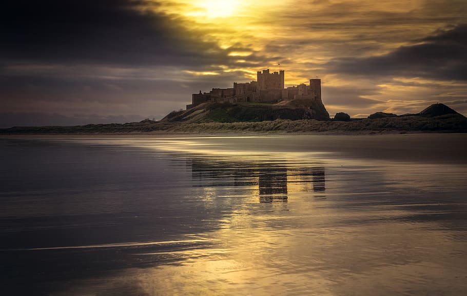 Castle Near Body of Water Under Golden Hour, beach, beautiful HD wallpaper