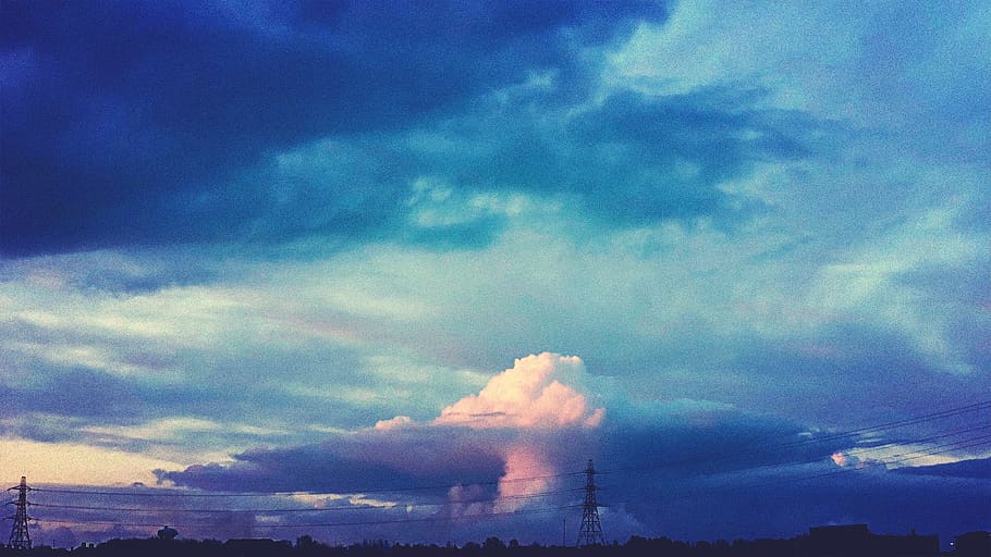 sky, dusk, clouds, sunset, powerlines, trees, cloud - sky, building exterior HD wallpaper