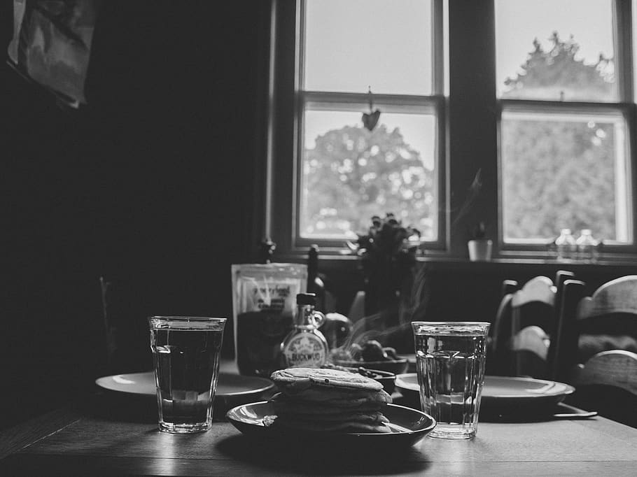 Breakfast on Table, black and-white, chairs, contemporary, dining HD wallpaper