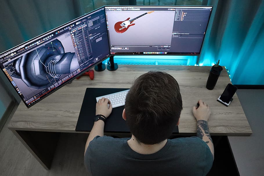 man sitting and using computer, technology, rear view, one person HD wallpaper