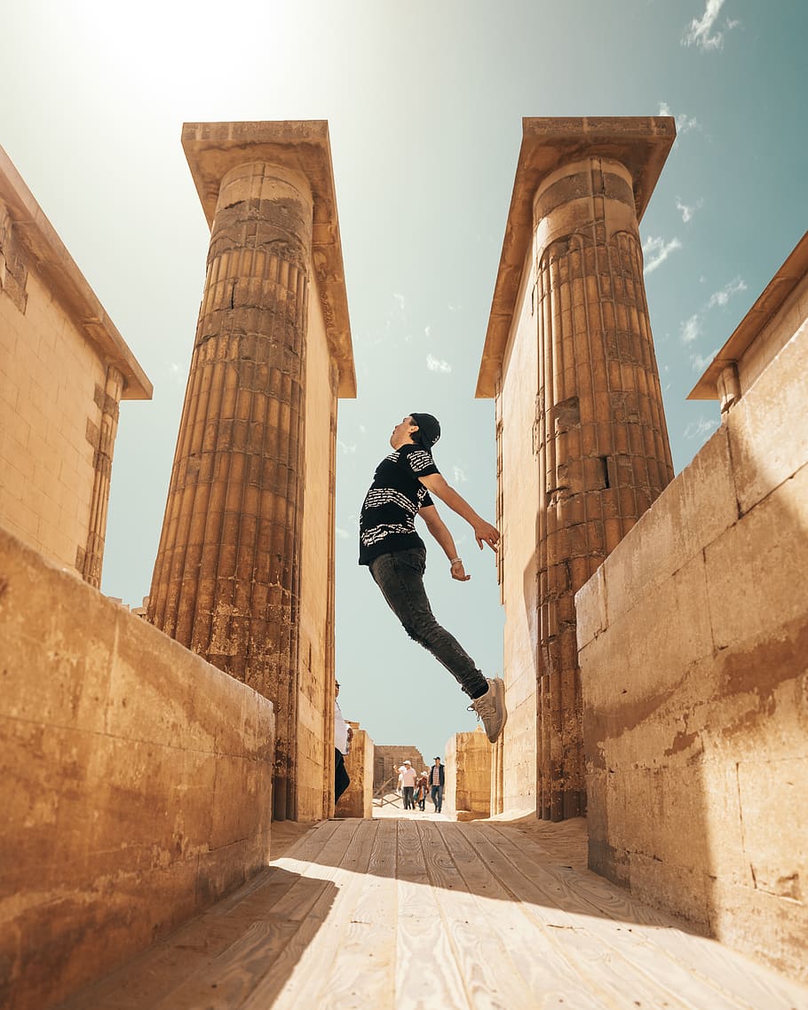 man jumping, architecture, full length, built structure, real people HD wallpaper