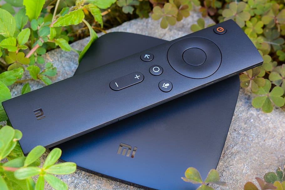 black media streaming device on gray ceramic tile, plant part HD wallpaper