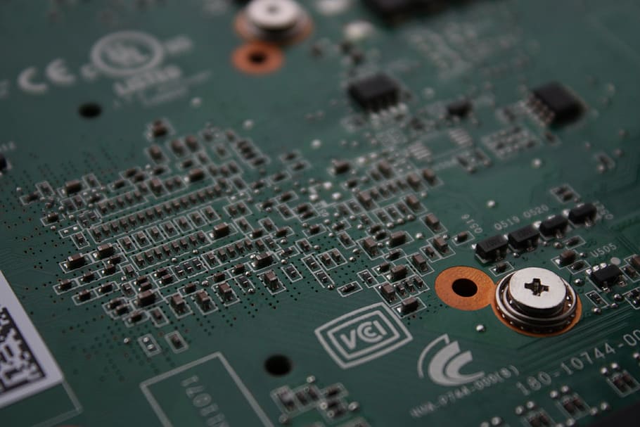 Green Circuit Board, chip, components, condenser, connection HD wallpaper