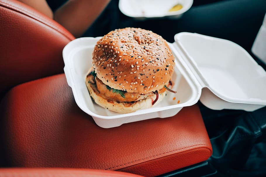 Burger in White Styrofoam Plate, drive-in, fast food, lunch, sandwich