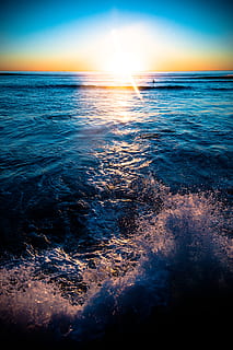 ocean, sun, texture, sunset, reflection, turbulence, water HD wallpaper