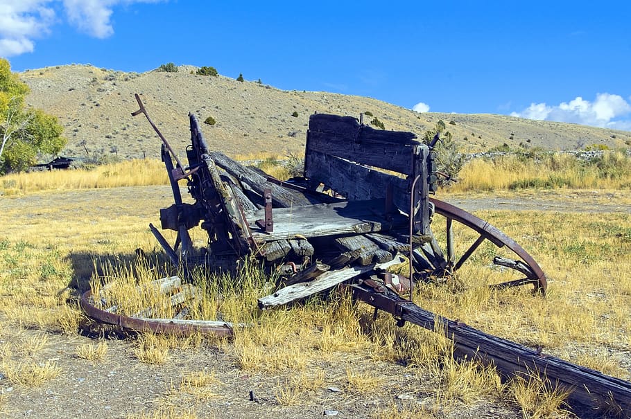 decaying wagon, bannack, state, park, ghost, town, montana, HD wallpaper