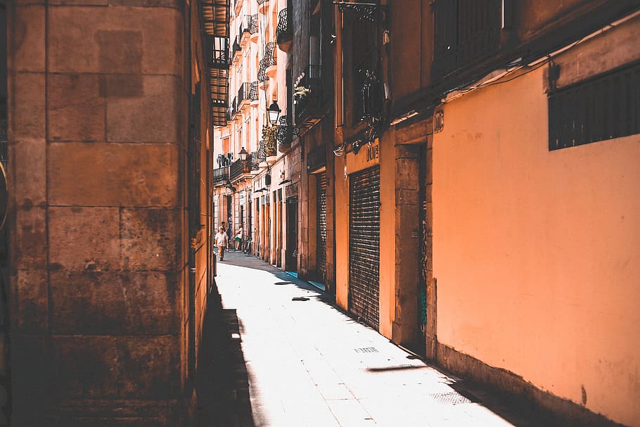 pathway between buildings, street, city, urban, road, town, person HD wallpaper