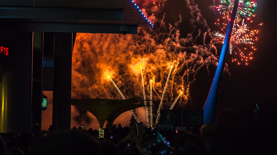 night, celebration, fireworks, gathering, event, crowd, light HD wallpaper