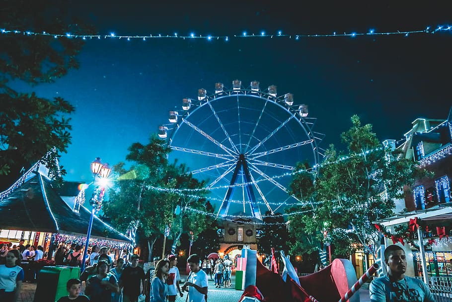 ferris wheel at night, amusement park, leisure activities, person HD wallpaper