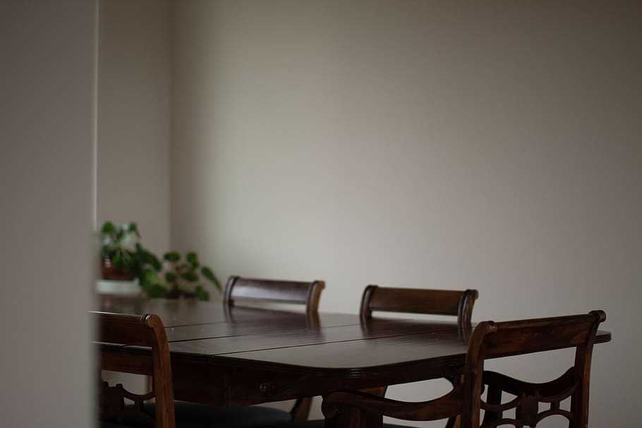 empty black wooden dining set, furniture, chair, room, indoors