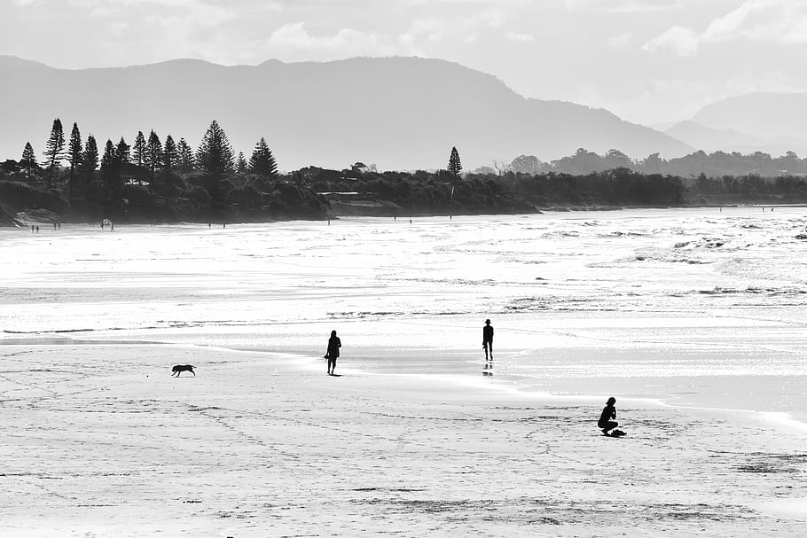 australia, byron bay, mountains, black and white, sand, ocean, HD wallpaper
