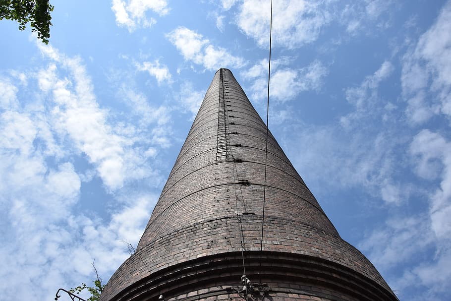 chimney, the industry, sky, clouds, ladder, levels, low angle view HD wallpaper