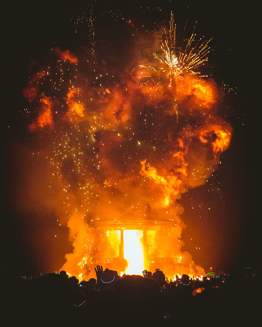 burning man, black rock city, fire, flames, the man, explode, HD wallpaper