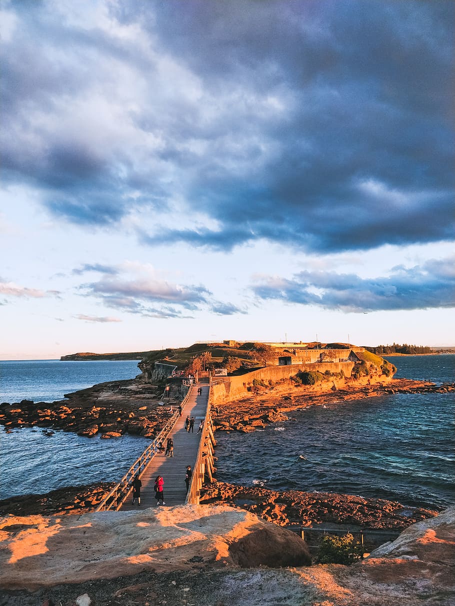 australia, bare island, bridge, sky, clouds, golden, hour, sunset HD wallpaper