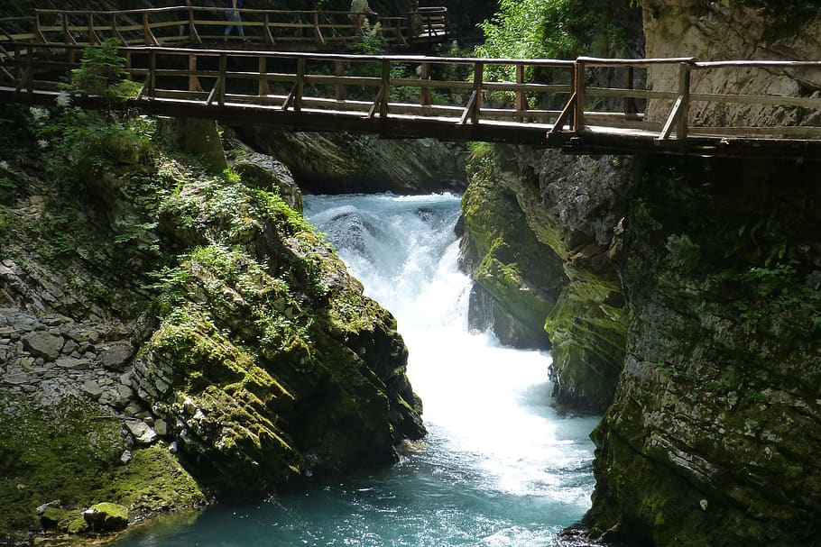 stream, fast, nature, gorge, wooden bridge, see, tourism, beautiful HD wallpaper