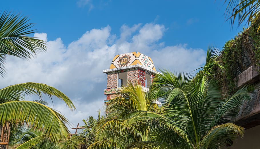 tower, costa maya, palm, tree, sky, summer, travel, tropical HD wallpaper