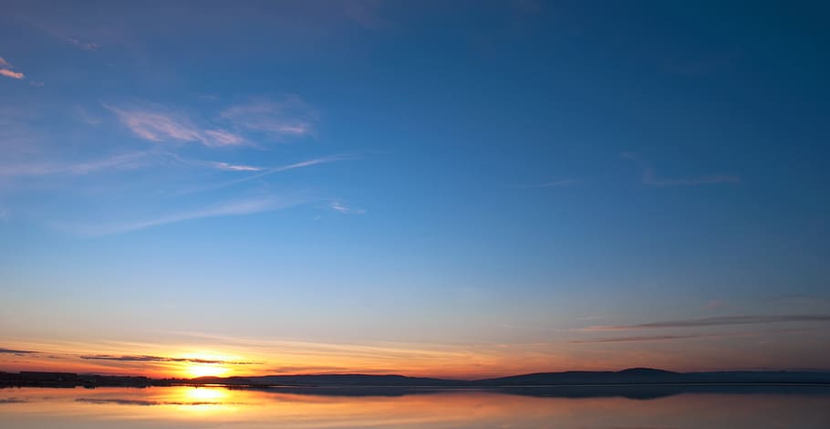 sunset, horizon, sunrise, sky, sunshine, orange, summer, blue HD wallpaper