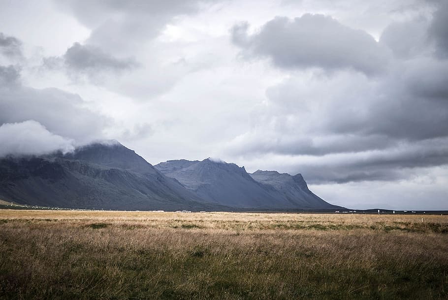 Brown Grass Field and Gray Mountains Under Gray Clouds, daylight HD wallpaper