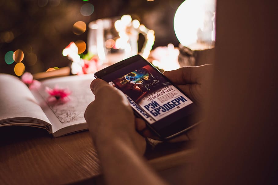 book, smartphone, lights, hand, communication, wireless technology HD wallpaper