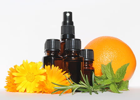 essential oils, bottles, aromatherapy, natural, health, calendula flowers HD wallpaper