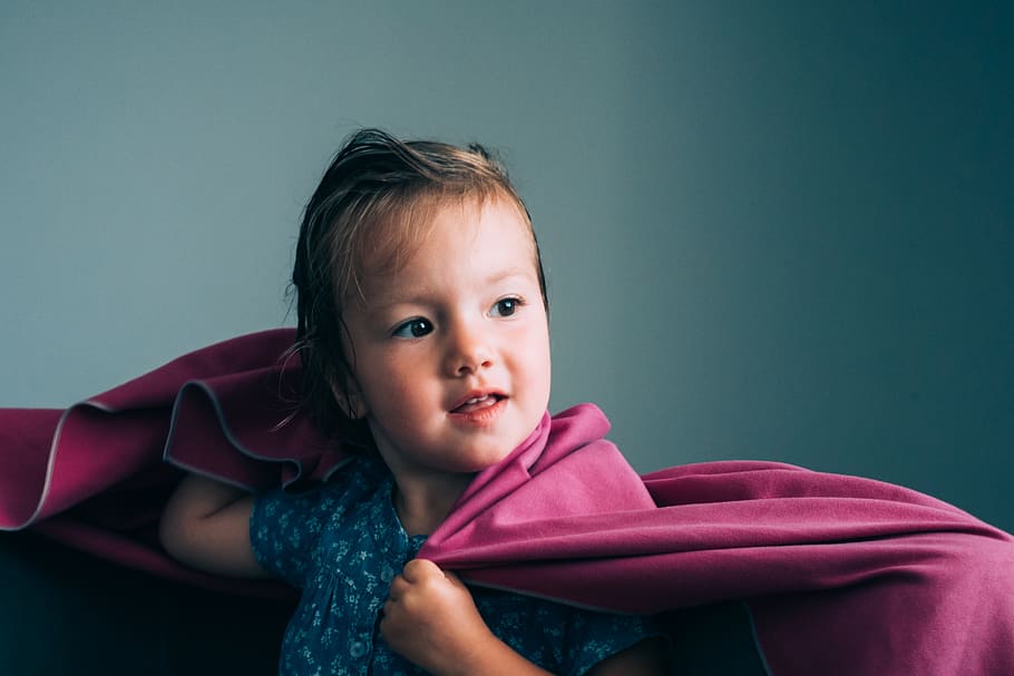 toddler covered in pink textile, child, childhood, portrait, innocence HD wallpaper