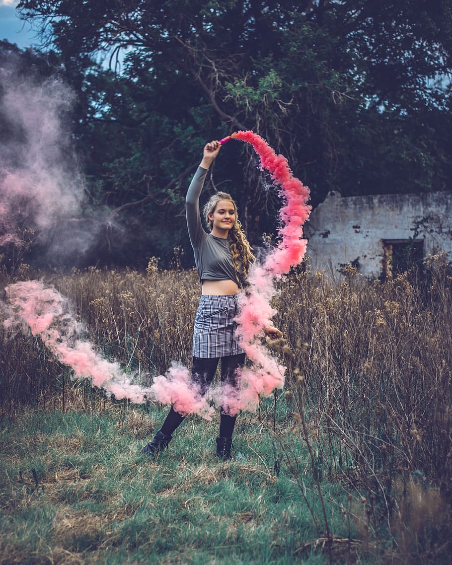 Woman Holding Pink Smoke Bomb, beautiful, fashion, fun, person, HD wallpaper