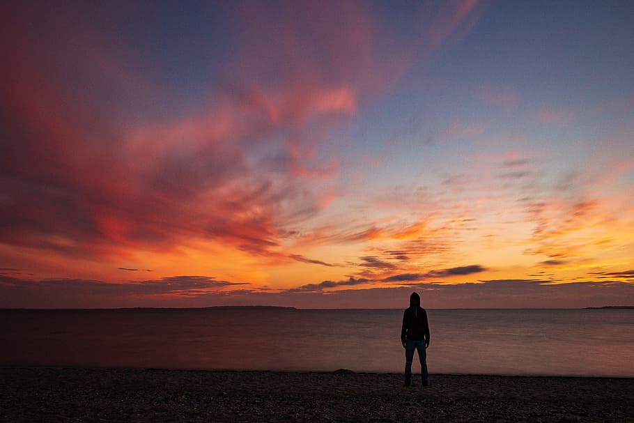 silhouette of man standing, beach, denmark, sunset, water, creepy HD wallpaper