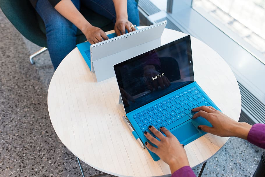 Two Black-and-blue Laptop Computers on White Table, color, contemporary HD wallpaper