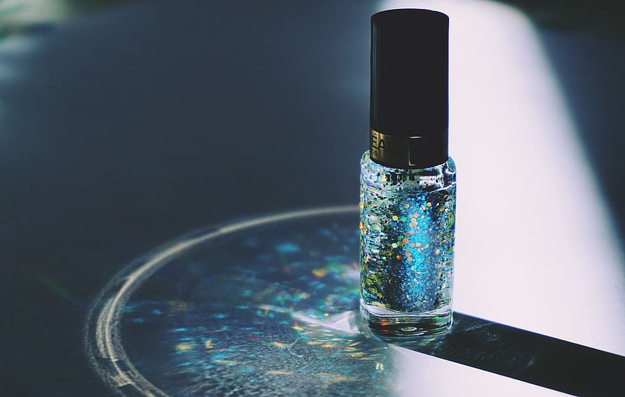 Closed Blue Glitter Nail Polish Bottle, bright, close-up, colors HD wallpaper