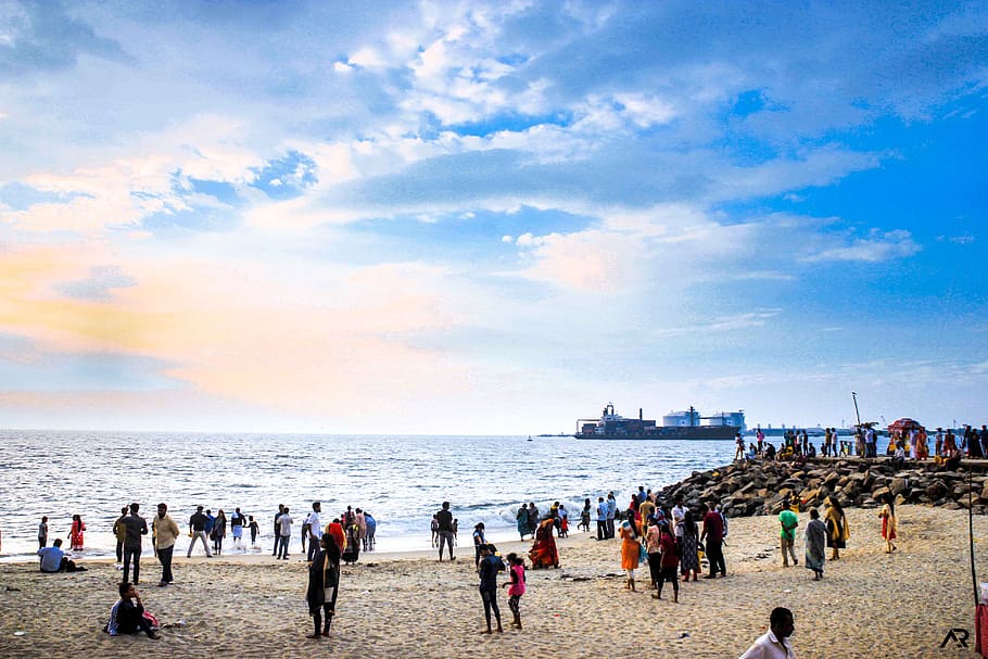india, kochi, fort kochi beach, group of people, crowd, sky