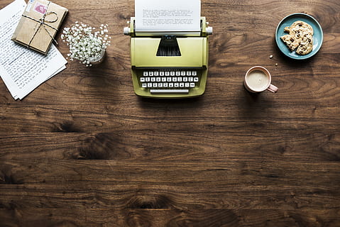 typewriter, plant, desk, workspace, notebook, creative, coffee HD wallpaper