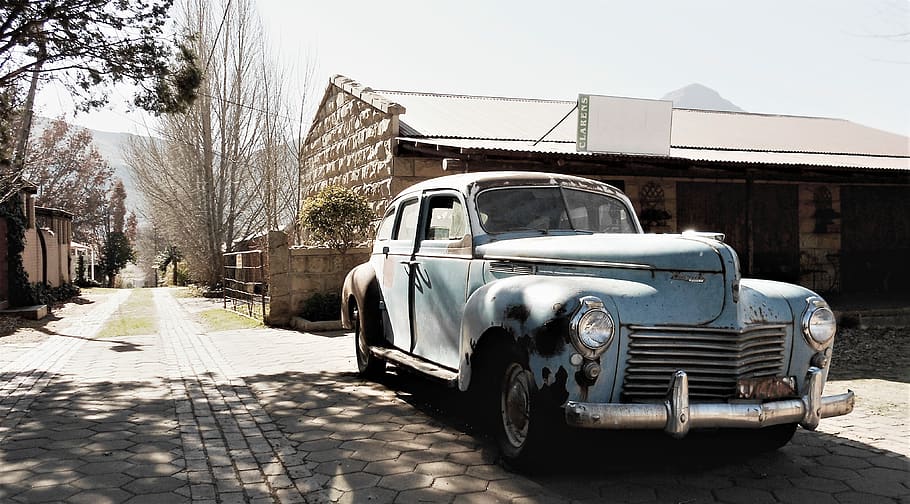 clarens, south africa, blue, old, vintage, auto, viejo, sol, HD wallpaper