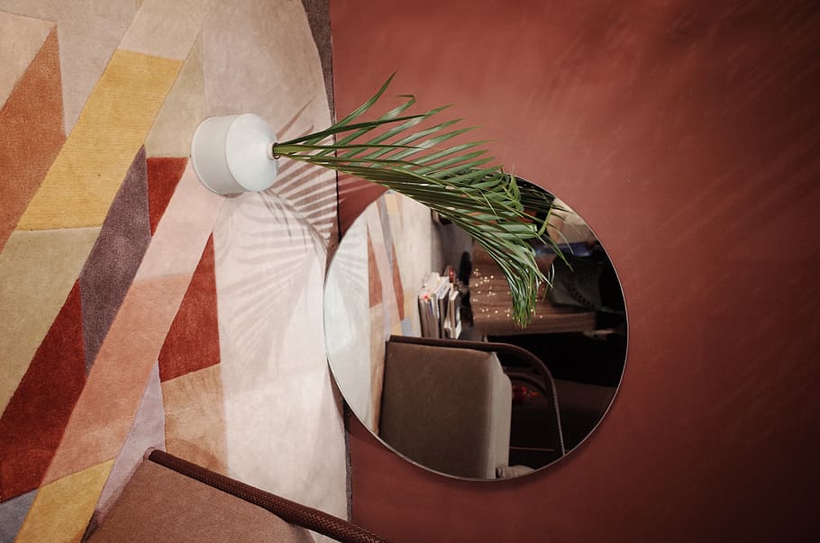 round mirror behind potted flower on floor inside room, indoors, HD wallpaper