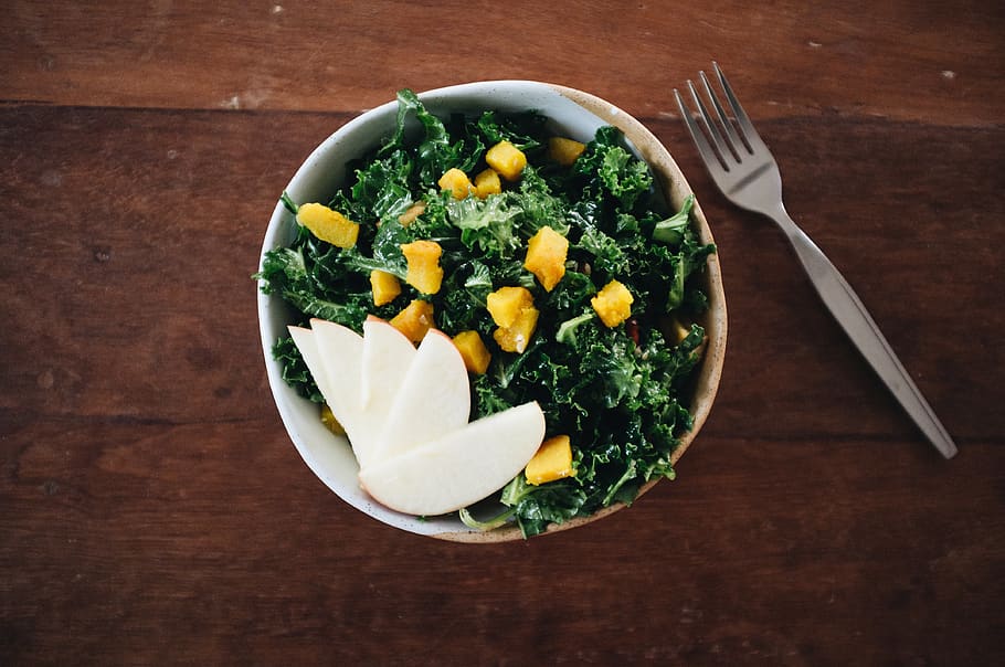 vegetable dish on gray bowl, cutlery, fork, food, plant, kale HD wallpaper