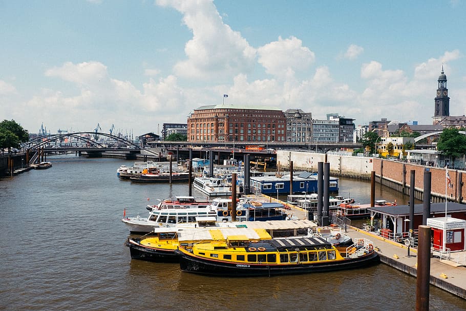 Boats in port of Hamburg, architecture, canal, district, editorial HD wallpaper