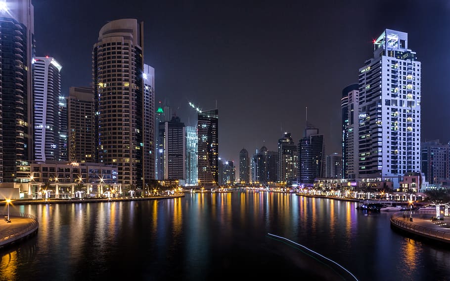 lighted city buildings beside body of water, urban, dubai, dubai marina, HD wallpaper