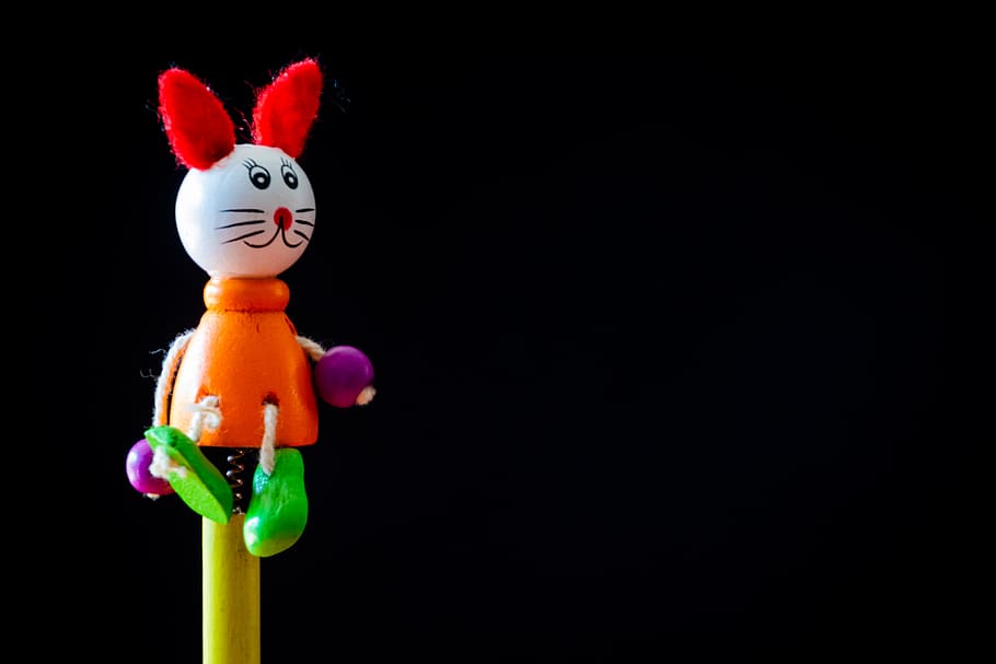 Multicolored Rabbit Toy, art, black background, bright, close-up, HD wallpaper