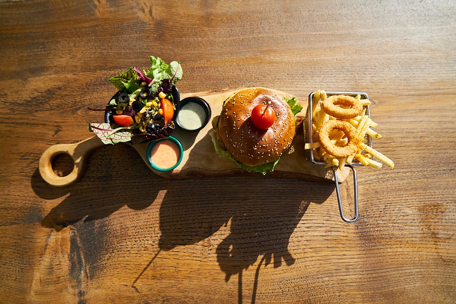 Burger on Brown Platter, barbecue, bbq, board, cheeseburger, delicious