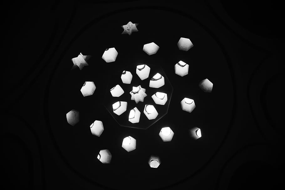 assorted shapes, art, light, candle, black and white, window HD wallpaper