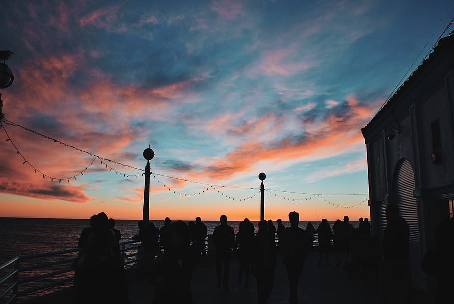 sky, sunset, cloud - sky, orange color, group of people, silhouette HD wallpaper