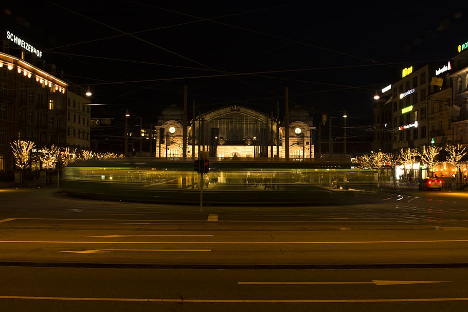 basel, trainstation, dark, night, evening, christmas, blur HD wallpaper