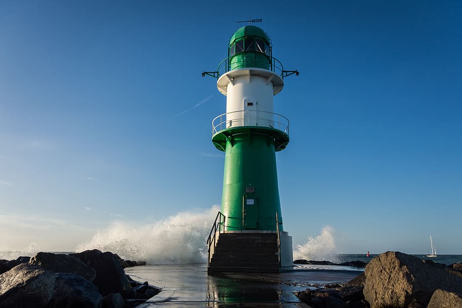 lighthouse, sea, port, mole, water, sky, guidance, tower, nature HD wallpaper