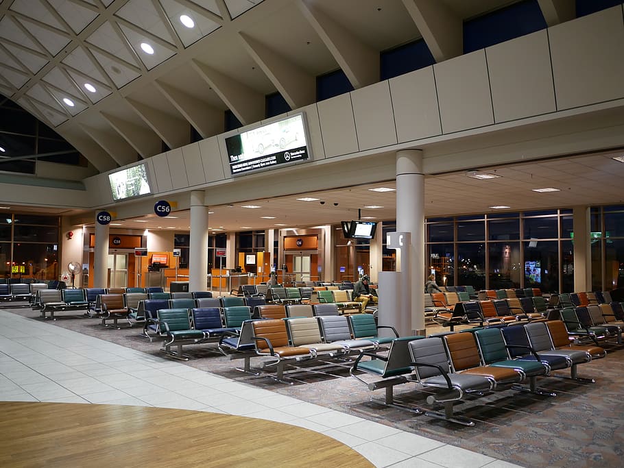 gang chairs inside airport, waiting room, indoors, furniture