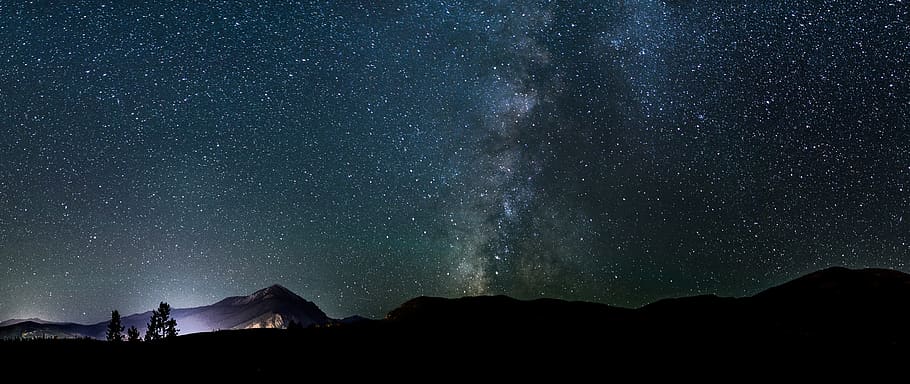 galaxies, sky, night, stars, space, mountain, trees, landscape HD wallpaper