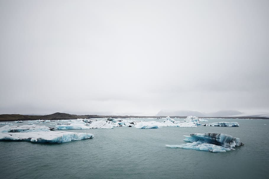 icefield under gray sky, water, landscape, glacier, fog, sea, HD wallpaper