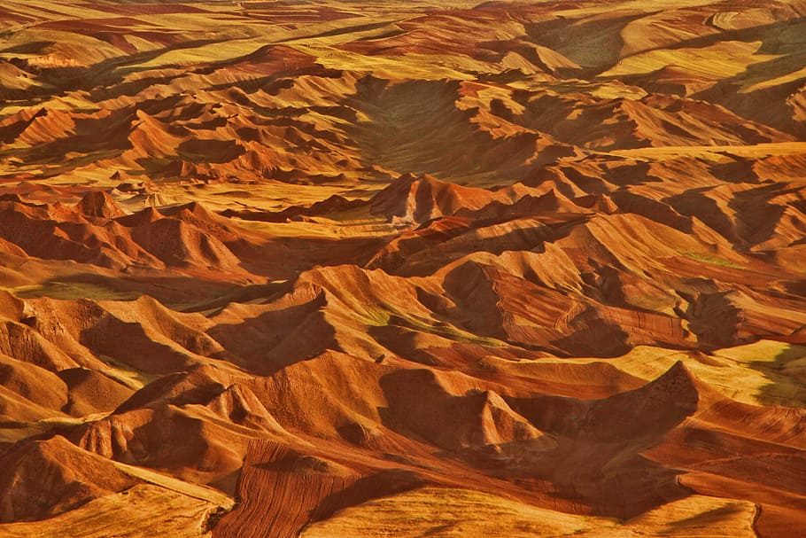 aerial photo desert, mountain, orange, sunlight, shadow, rough, HD wallpaper