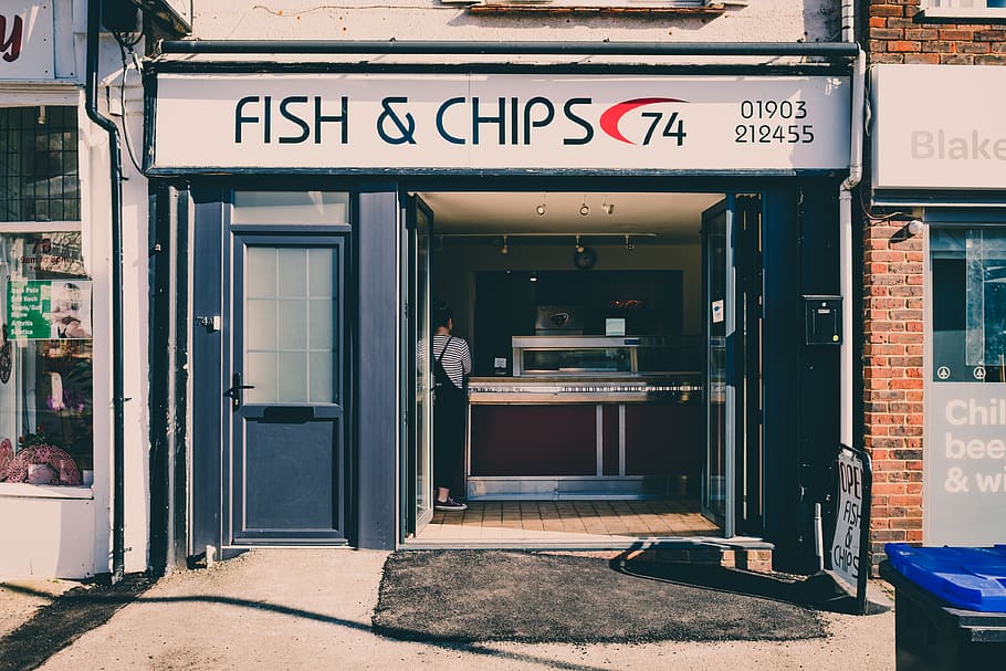 fish & chips store, text, communication, building exterior, entrance HD wallpaper