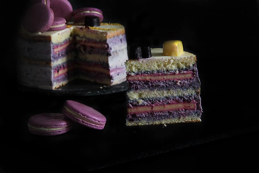 cake, macarons, purple, yellow, slice, pastry, food and drink HD wallpaper